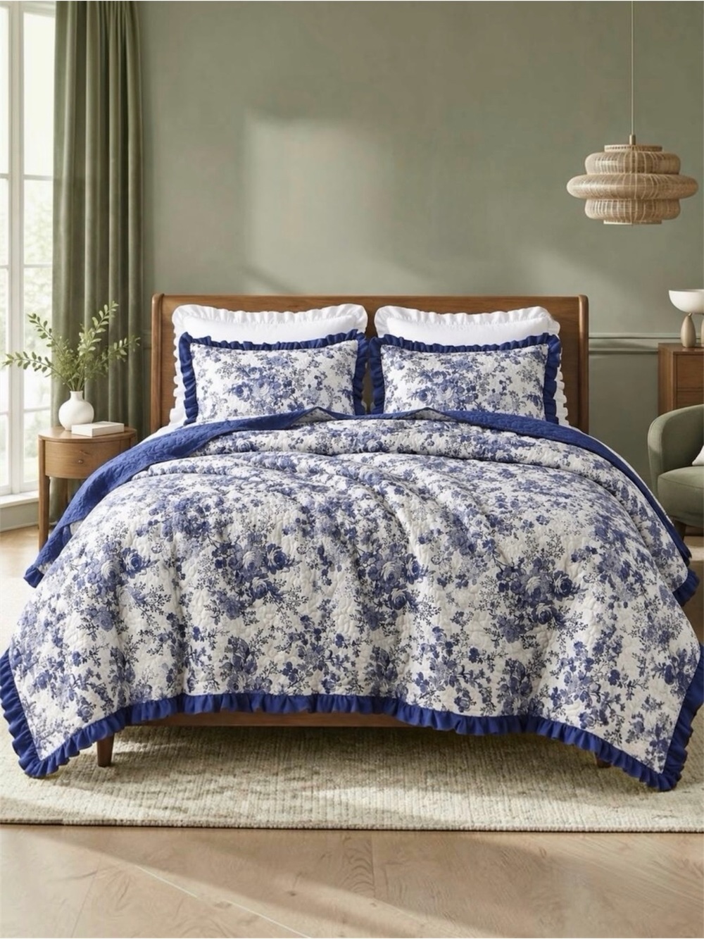 NEW Anthropologie Blue White Floral Ruffle Trim Quilt Coverlet Bedding Sham Set